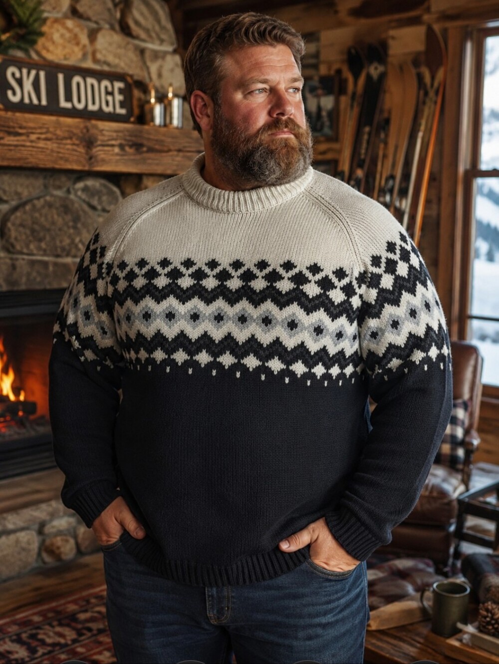 vtg Eddie Bauer Black/Ivory Wool Chunky Fisherman Fair Isle Crewneck Sweater XXL